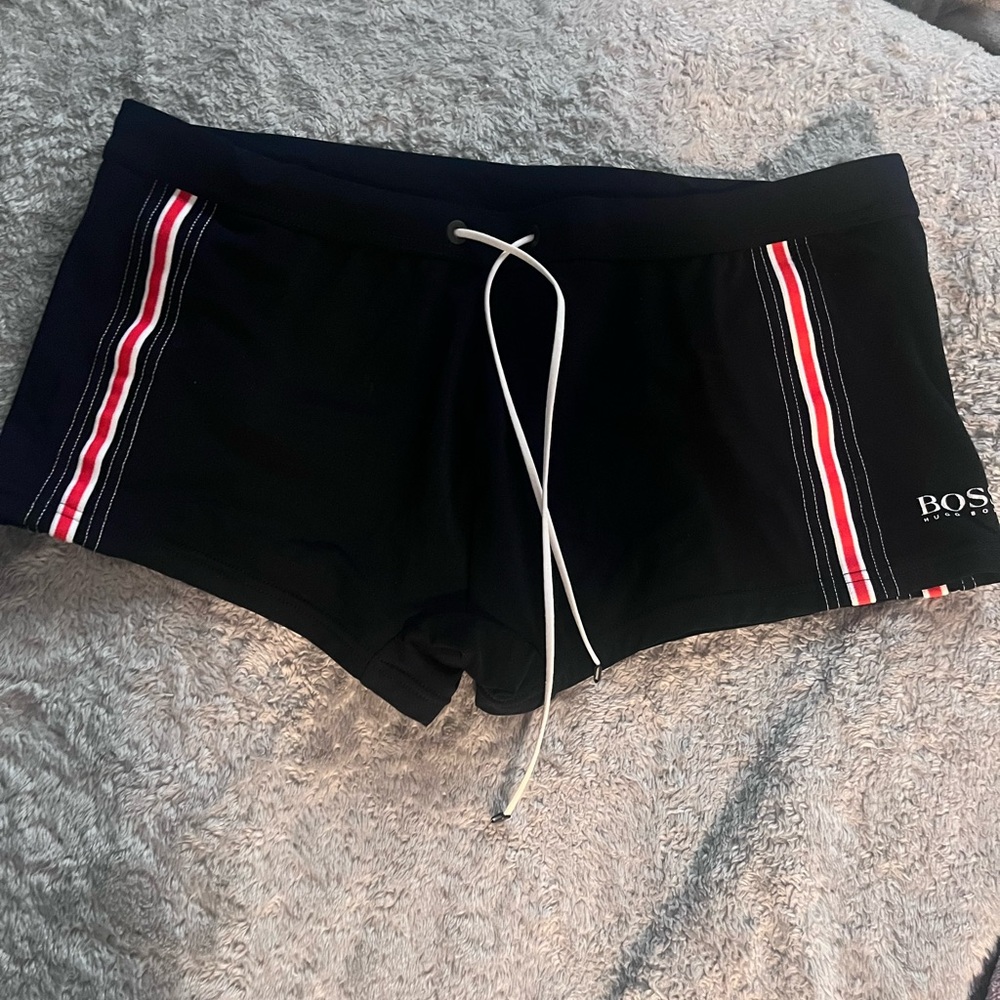 Boss Black Swim Trunks with Red and White Accents